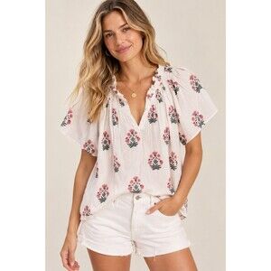 Marea by Liz Joy Cecelia Top Women’s S Floral Block Print Cotton Blouse Resort
